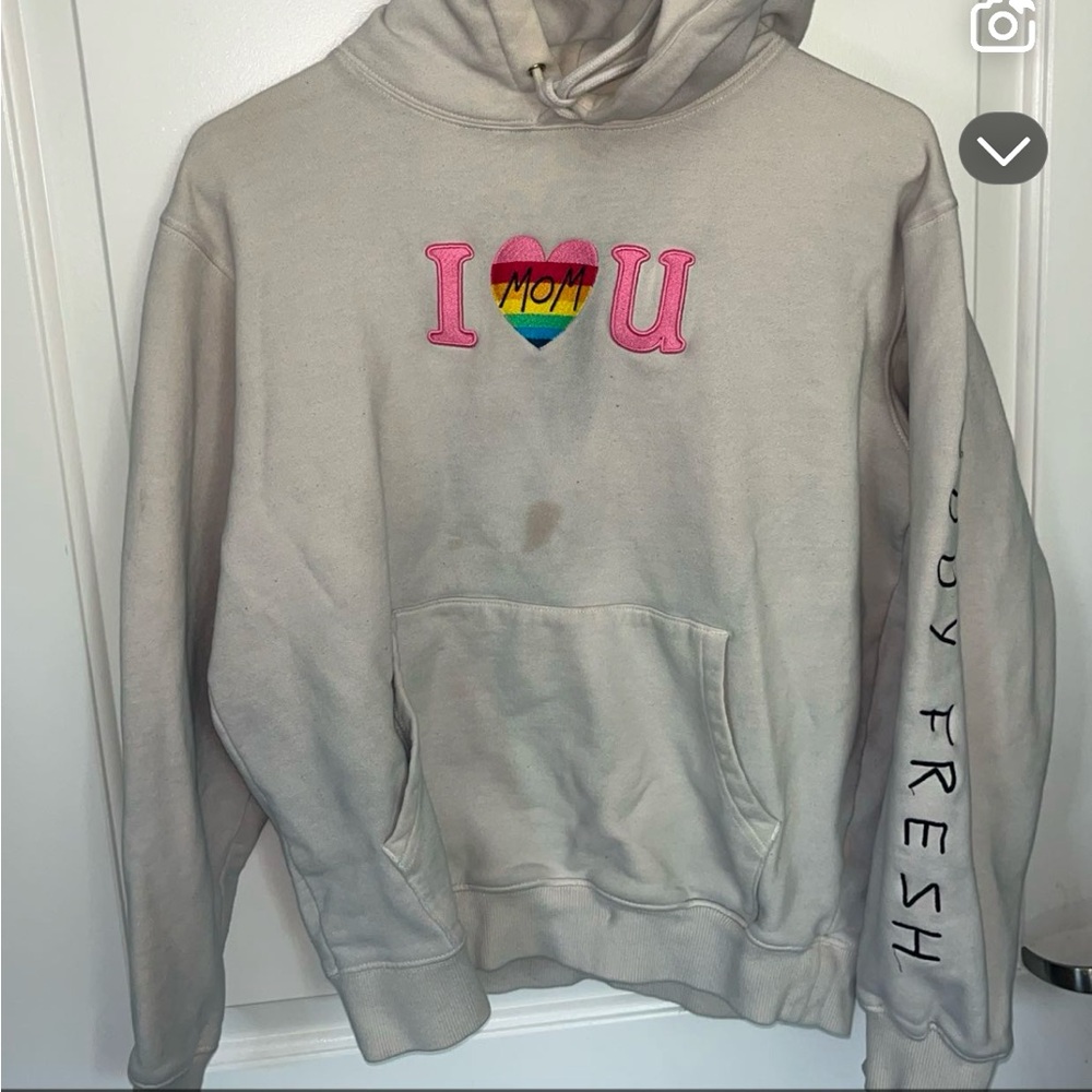 Cream Hoodie with Rainbow Heart Design